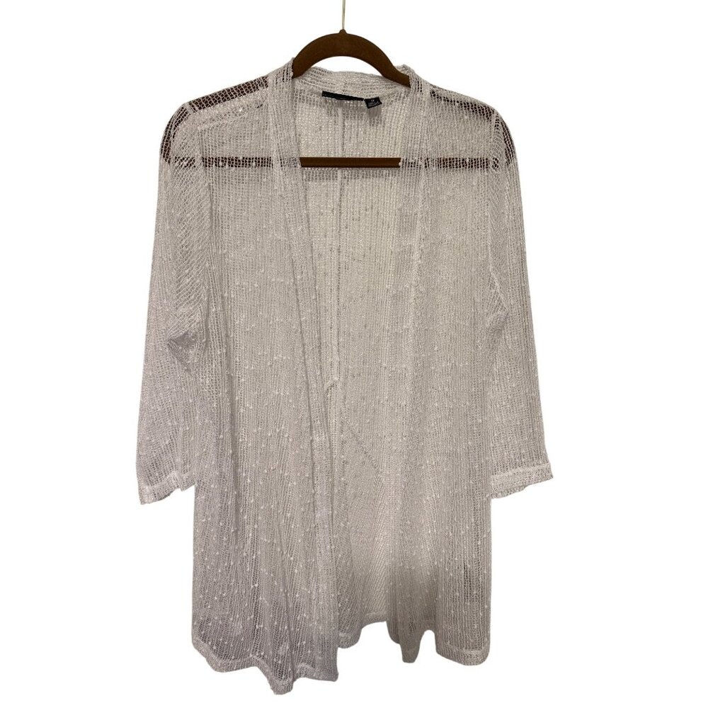 Nina Leonard Coverup Caftan White with Sparkle Open Front Sheer Womans 1X